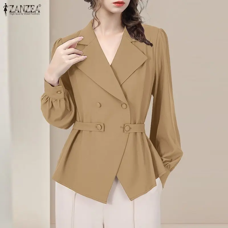

ZANZEA Woman Elegant Shirts Office Wear Lapel Neck Lantern Sleeves Double-Breasted Tops Summer Fashion Solid Color Chemise Femme