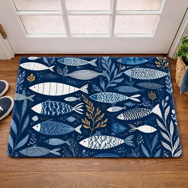 White Blue Fish Pattern Anti Skid Welcome Mat Entryway Carpet Durable Waterproof Design Coastal Vibe