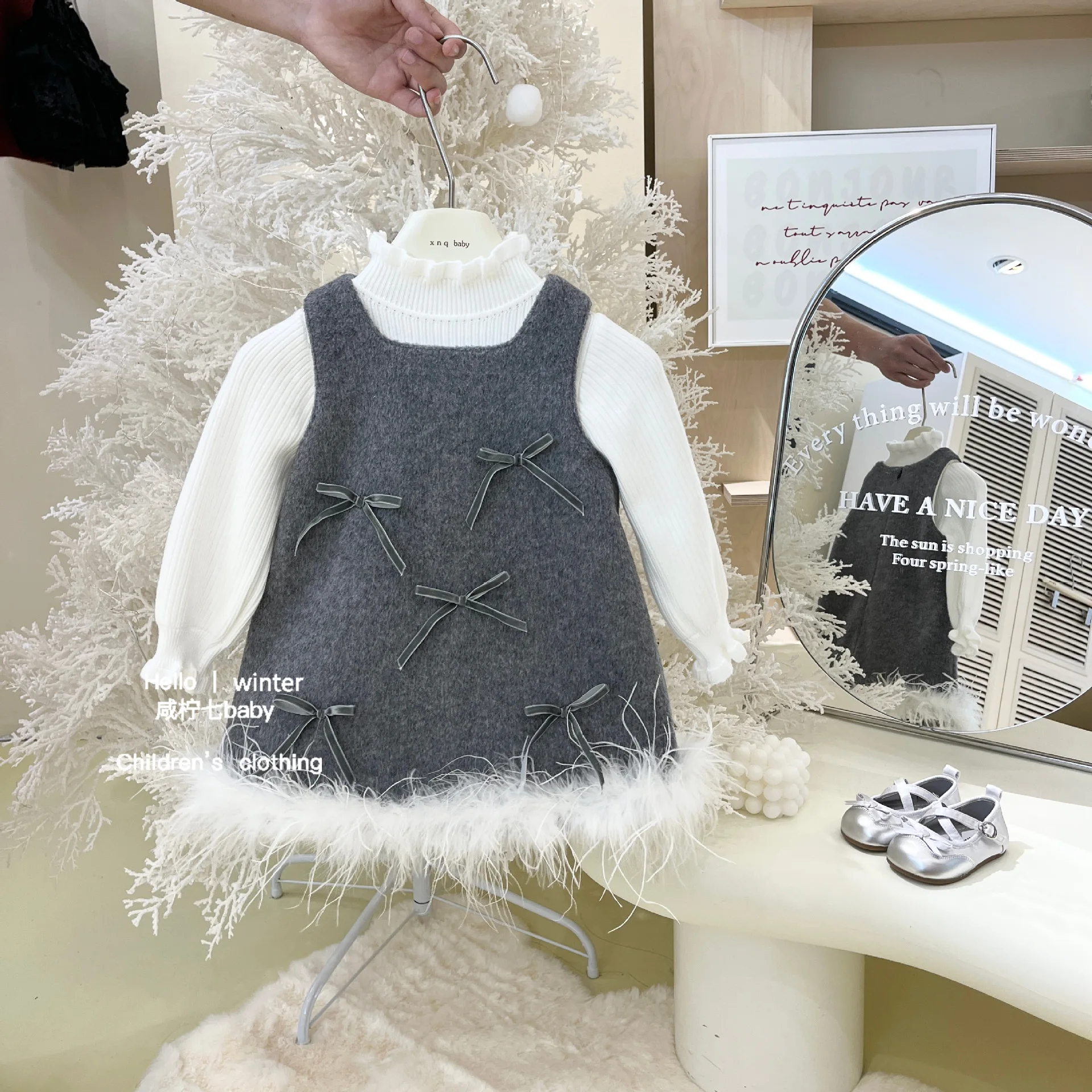 

Autumn Winter Infant Babys Girl Sundress Cotton Knotbow 3D Kid Girls Vestidos Hair Ball Sweet Fleece Toddler Girl Princess Dress