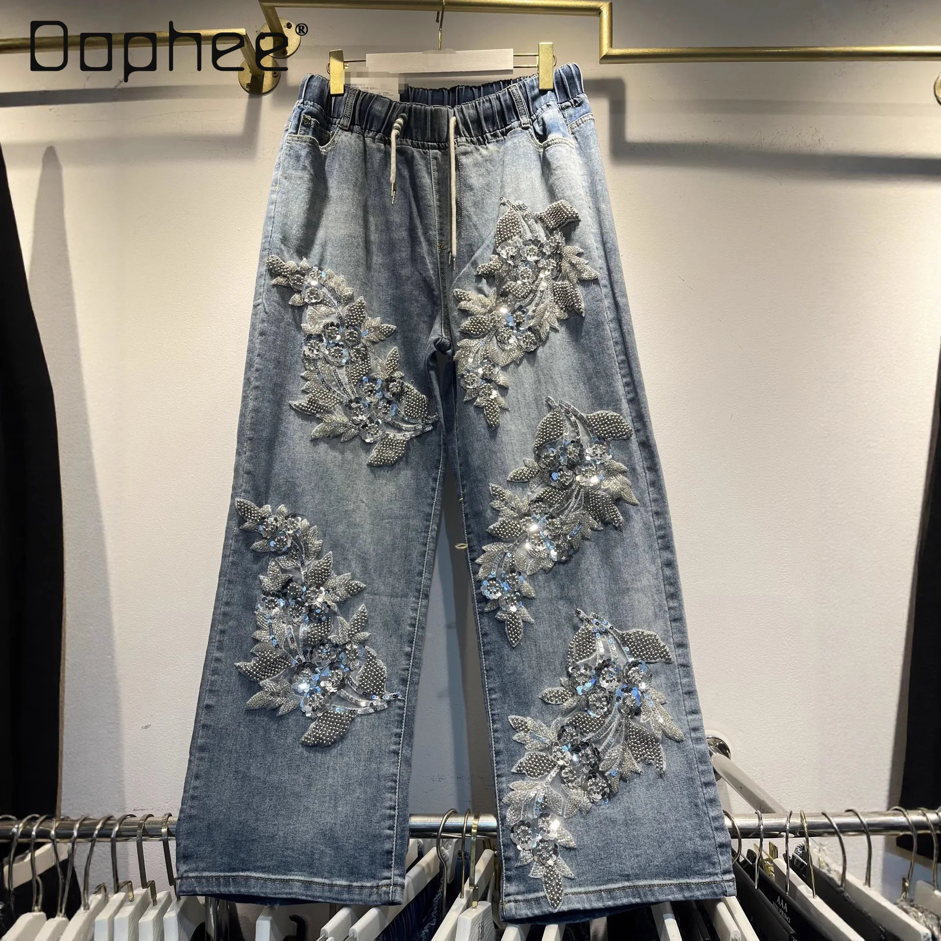 

High-end Heavy Beading Sequin Flower Embroidery Jeans Women European Style Street Fashion Elastic Waist Loose Slim Long Pants