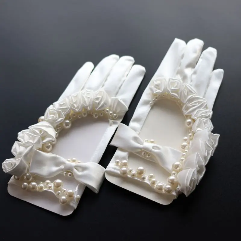 Women's Elegant Flower Pearl Beaded White Satin Gloves Female Sexy Sunscreen Performance Dancing Party Driving Glove R1134