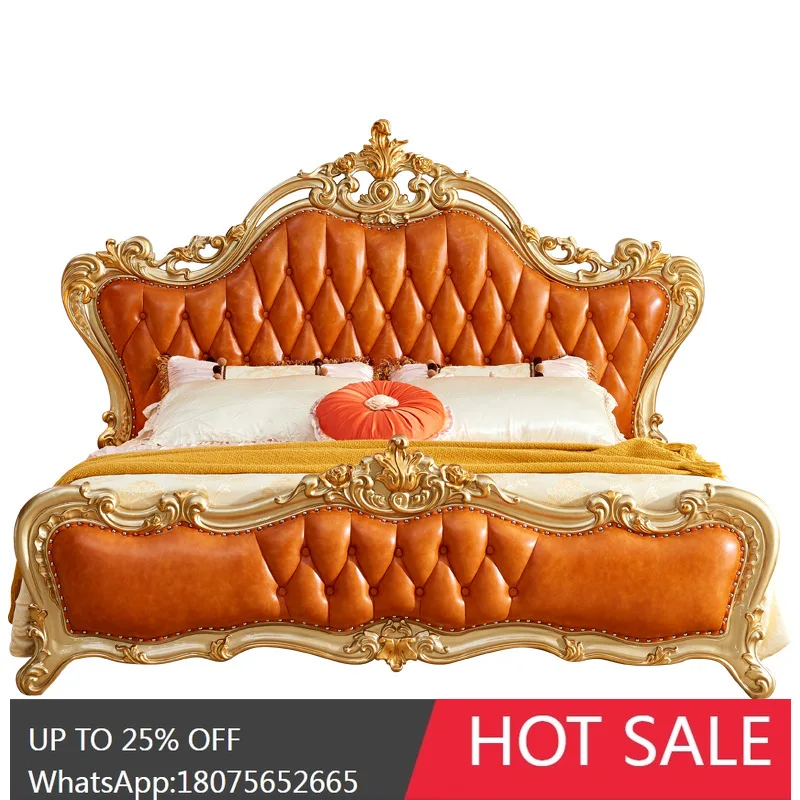 

SGF European-style Bed American-style Luxury Solid Wood Carved Gold and Silver Double Bed