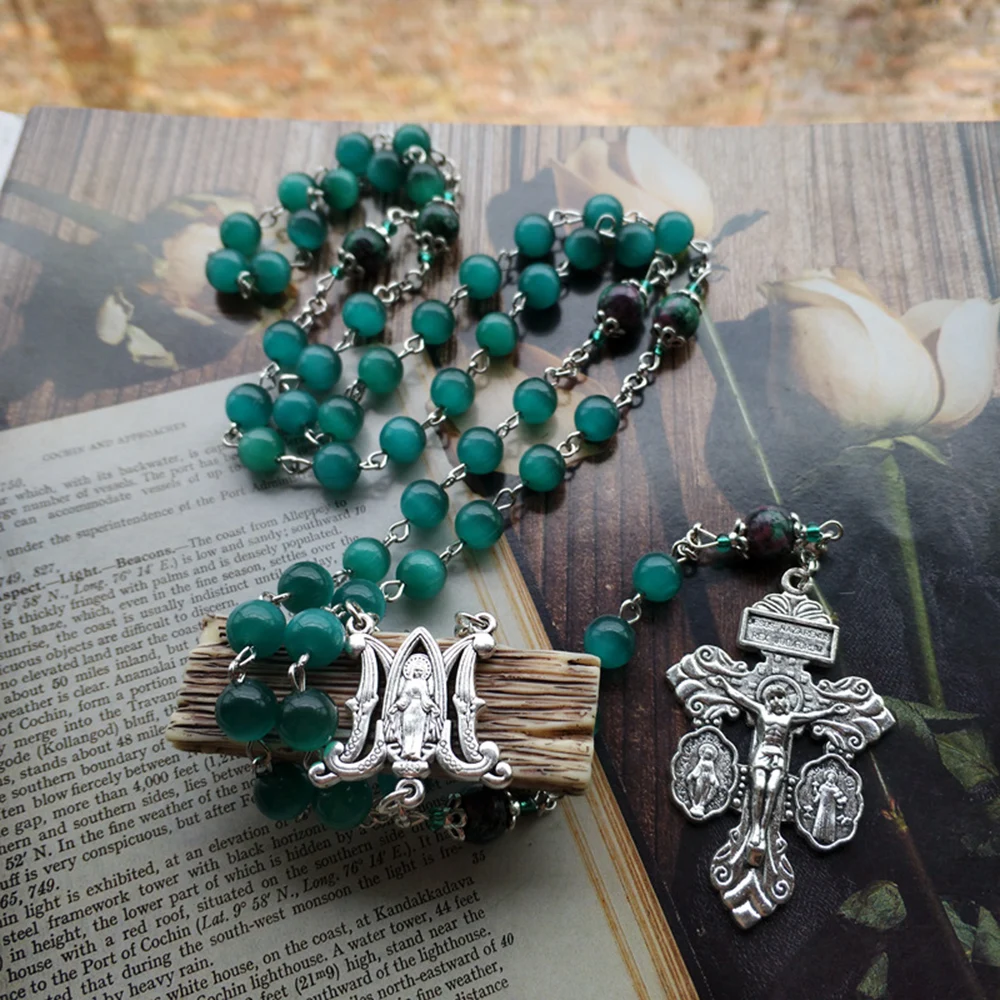 Our Lady Medalla Milagrosa St Benedict Pardon Crucifix Cross Rosary Necklace Church Prayer Natural Opal Stone Bead Chain Jewelry