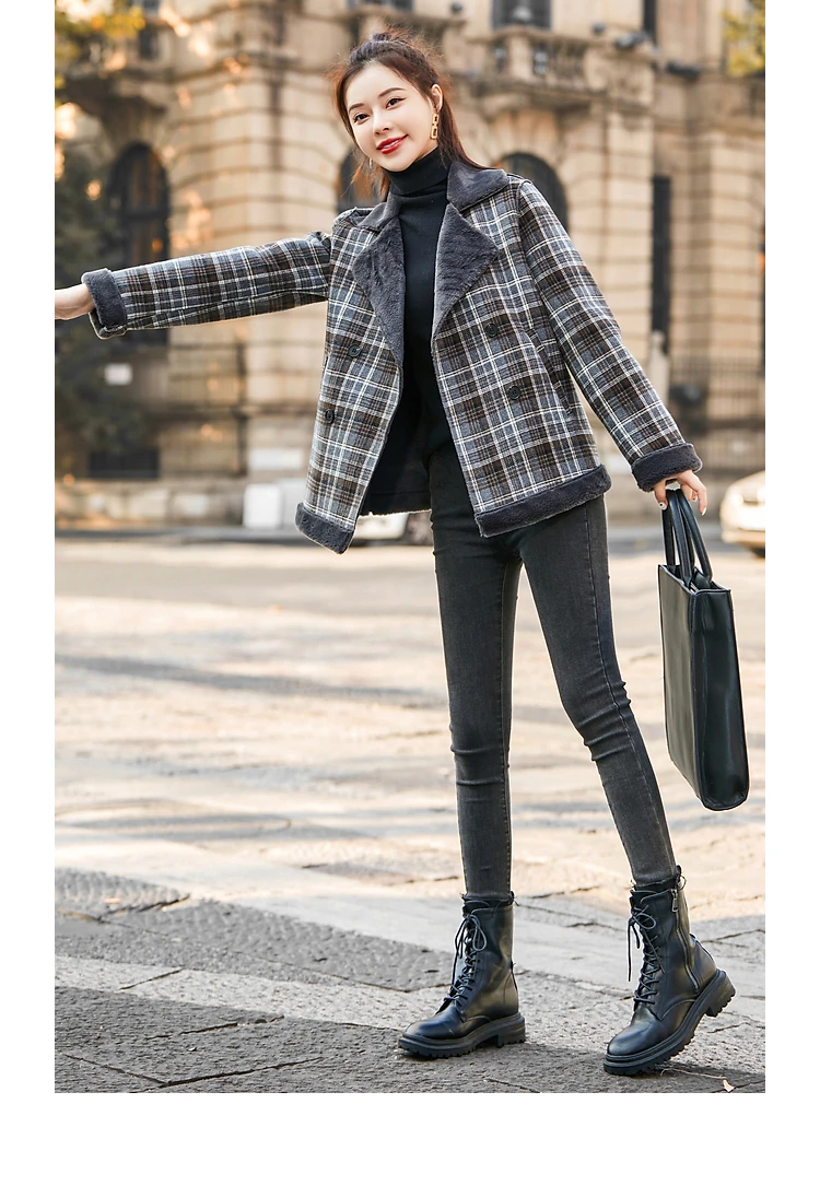 Winter New Retro Plaid Double Breasted Warm Imitation Fur Coat Women Loose High Quality Female Jackets