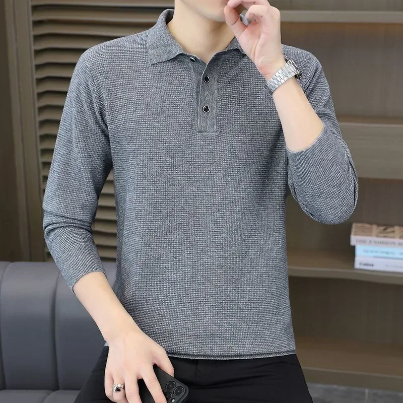 

Thin Men's Sweater Business Casual Youth Lapel Trendy Long Sleeve Solid Color Sweater Base Top
