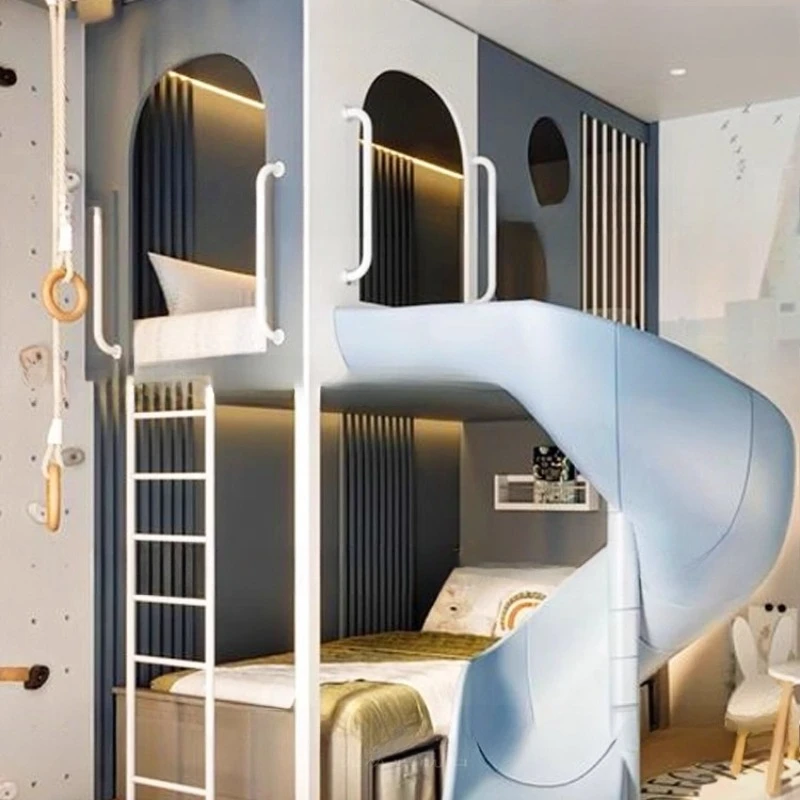 tempat tidur susun dua tingkat dari kayu solid, tempat tidur susun dengan seluncuran putar 1 meter 2 tempat tidur susun