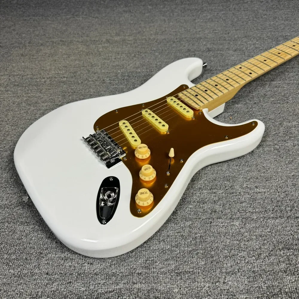 Envío Gratis Color blanco-amarillo ST guitarra eléctrica pastillas SSS cuerpo de caoba diapasón de palisandro puente fijo