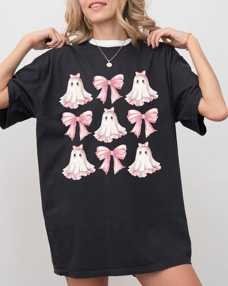 

Pink Ghost, Bows, Ribbons, Coquette, Halloween, Cute, Girly, Spooky Shirt, Comfort Colors Tee