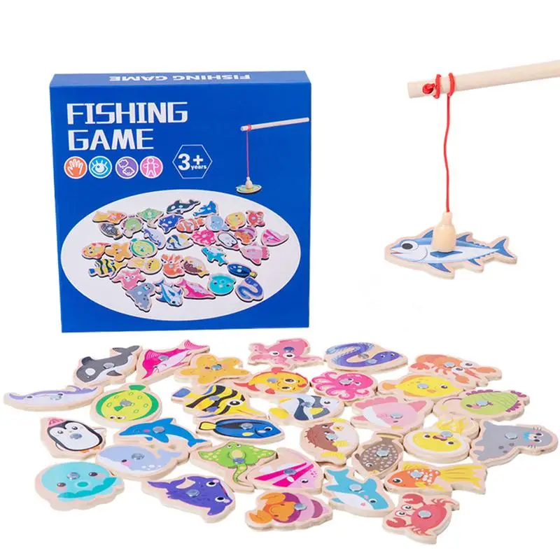 Montessori Wooden Magnetic Fishing Toys Marine Life Cognition Fish Games Early Educational Toy for Kids Parent-child Interactive