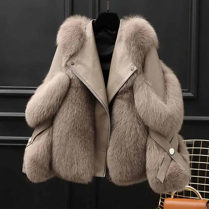 New Women\'s Fur Integrated Motorcycle Jacket Winter Warm Imitation Fox Fur Coat Fashion Snow Female Cold Resistant Fur Outerwear