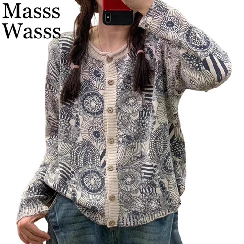 

Masss Wasss Brand Winter Fashion Floral Knitwear Womens Casual Cardigans Females Vintage Printed Classic Loose O Neck Sweaters