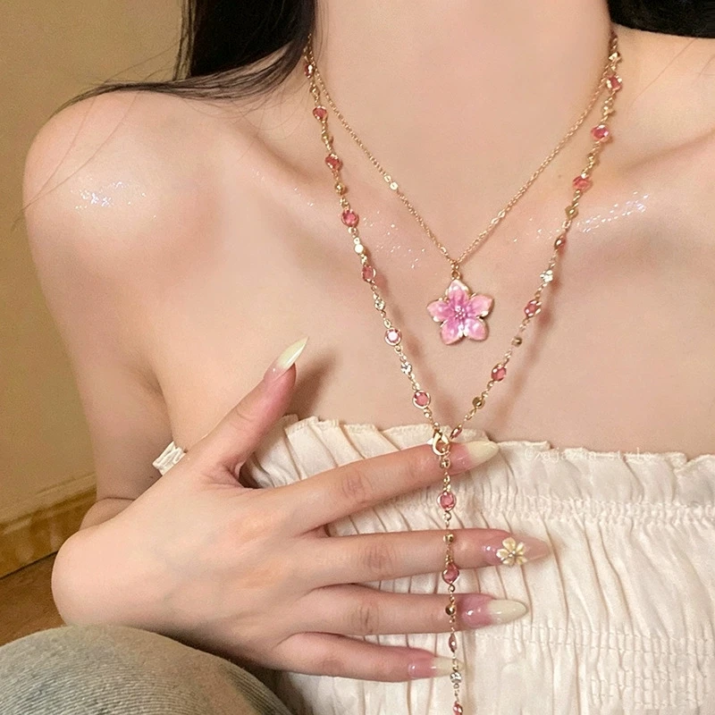2-teiliges Set Rosa Blumen-Anhänger Kristall Goldfarbene Kette Stapelbare Choker-Halsketten-Sets für Frauen Charm-Halsschmuck – Detail 6