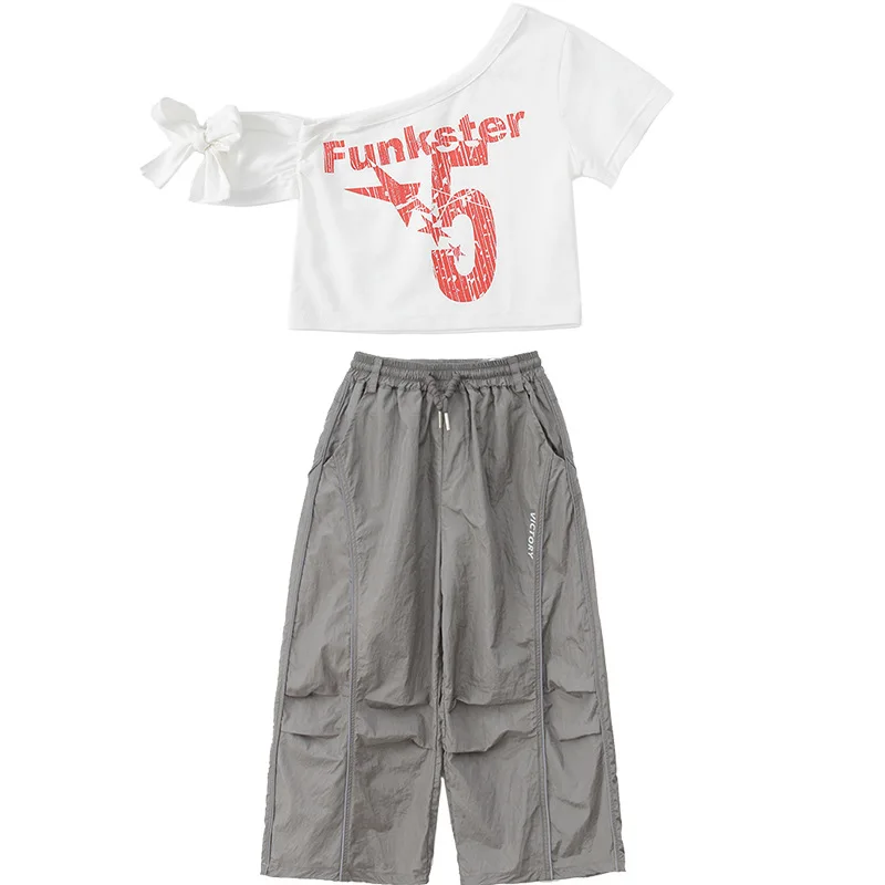 Girls Hip Hop Clothing Jazz Costume White Crop Tops Baggy Pants Set Group Kpop Music Festival Stage Performance Suit Rave Wear