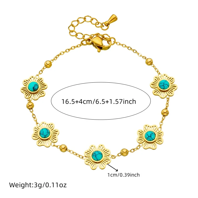 LAMENGLY New High Quality 316l Stainless Steel Hollowed Out Flower Turquoise Bracelet Women Novelty Design Non-Fading Hand Chain