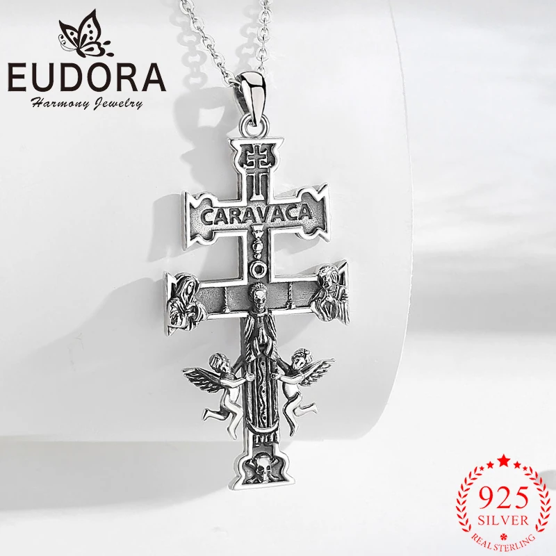 

Ожерелье с крестом Eudora Caravaca, стерлинговое серебро 925 пробы, ангел-амулет, кулон с Иисусом, христианские духовные украшения, винтажный подарок для мужчин