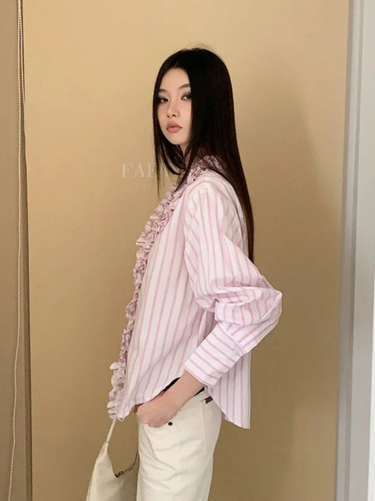 الوردي مخطط الخامس الرقبة بلوزة المرأة فضفاضة خمر الحلو الكشكشة طويلة الأكمام قميص الفرنسية أنيقة طويلة الأكمام الخريف الإناث الرجعية القمم #3