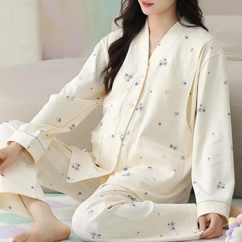 暖かく通気性のあるマタニティパジャマセット綿長袖授乳用統合ブラジャー秋冬-a2ub