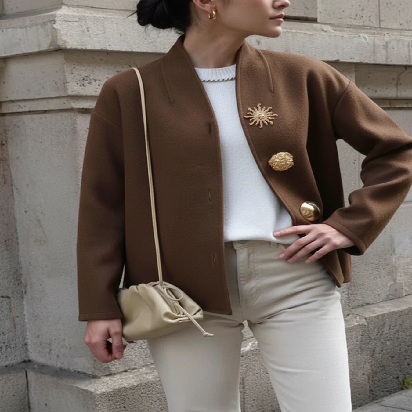 هذا الياقة البنية الأنيقة والمعطف الصوفي بإبزيم مزخرف ذهبي للنساء في الخريف والشتاء هو التخسيس