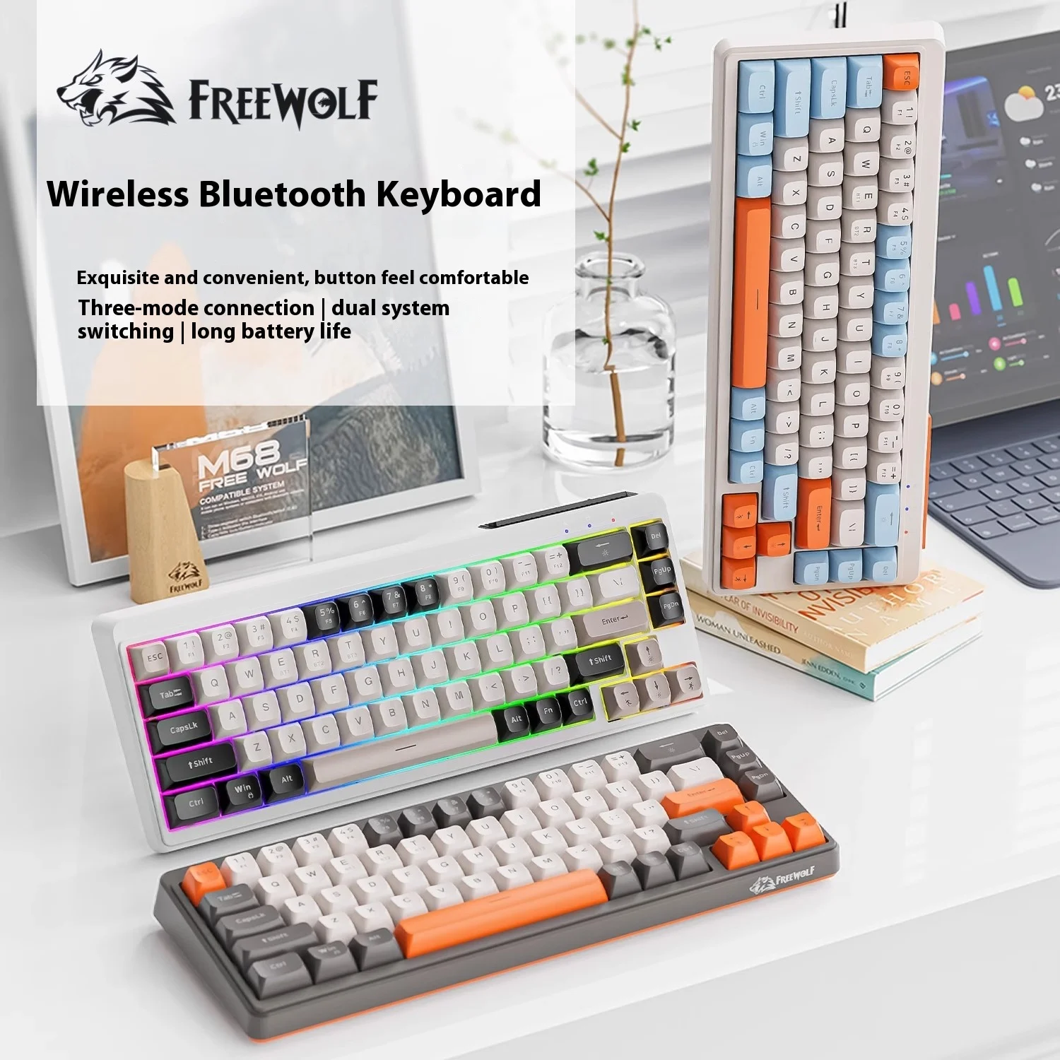 Ziyoulang M68 Keyboard 3modes 68keys Pbt Ball Cap Rainbow Mixed Light Long Battery Life Keyboard Customized For Esports Office