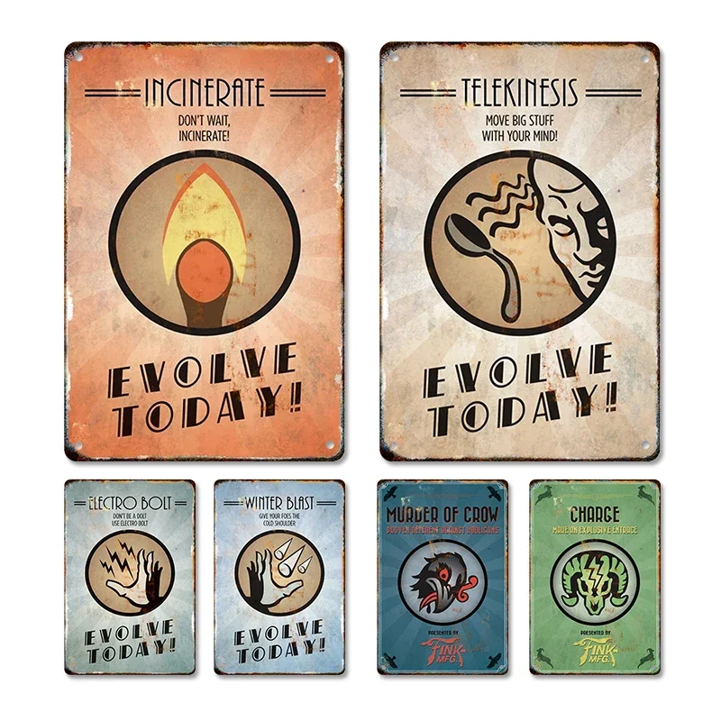 Bioshock Plasmids Tin Sign  Retro Iron Poster with Electro Bolt and Hypnot Plasmid Print  Perfect for Kids Room Club or Home