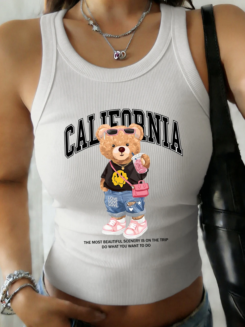 California Fashion Bear Prints Damen-Tanktop, lässig, schmal geschnitten, ärmellos, Basic, weich, O-Ausschnitt, Sommer-Unterhemd aus elastischer Baumwolle