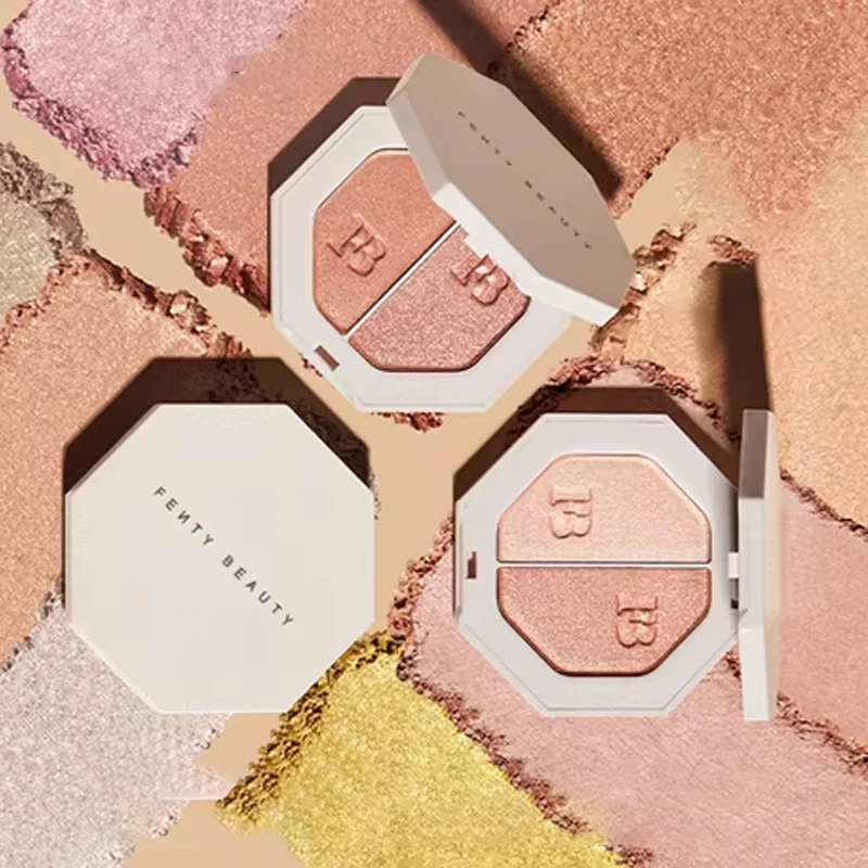 مجموعة مستحضرات التجميل من فينتي بيوتي، لون متدفق وغني، ملمع شفاه ريري الساخن، مسحوق خبز مدمج، عصي تحديد البودرة السائبة