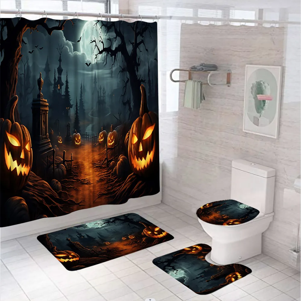 4Pcs Halloween Shower Curtain Set with Rugs Toilet Cover Bath Mat Bathroom Decor Pumpkin Horrible Night Moon Fabric Screen Home