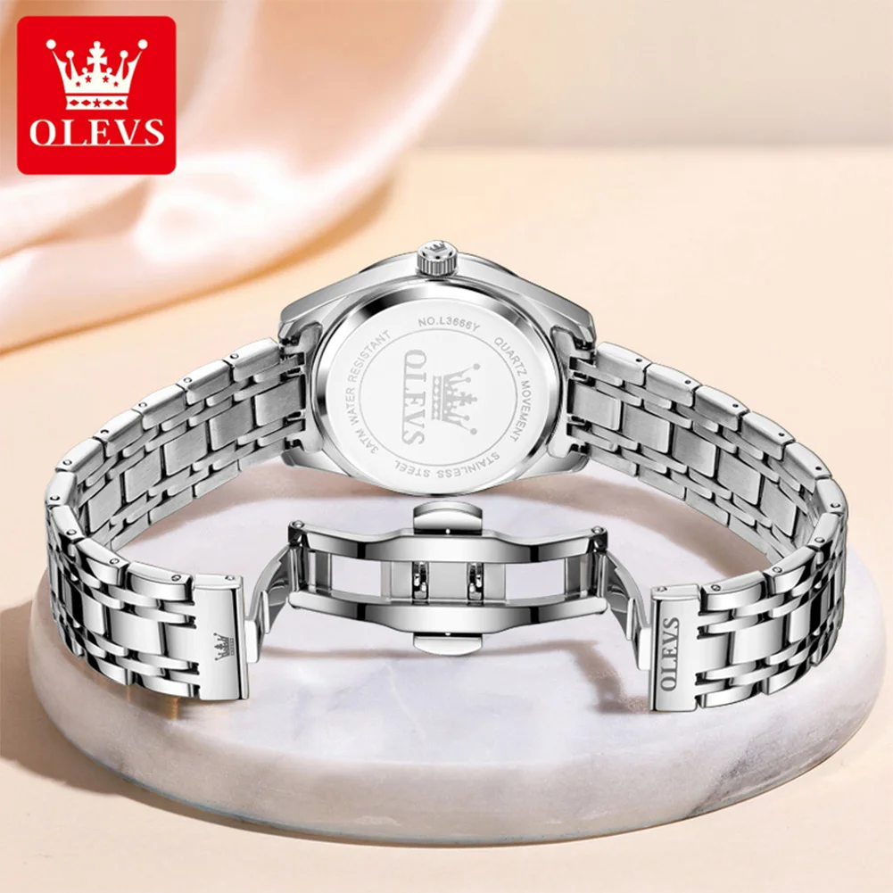 Jam Tangan Wanita OLEVS 3666 Original Quartz Tahan Air Bercahaya untuk Wanita Hadiah Kronograf Tanggal Reloj Mujer