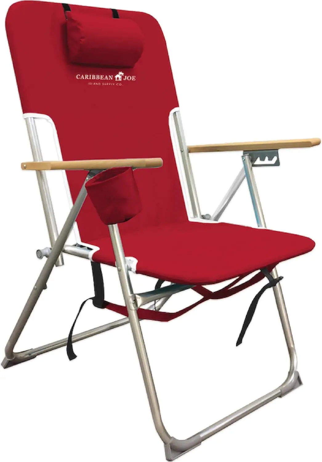 

4-Position Folding Beach Chair with Headrest, Cup Holder & Wooden Armrests, Portable Backpack Design, 300 lb Capacity