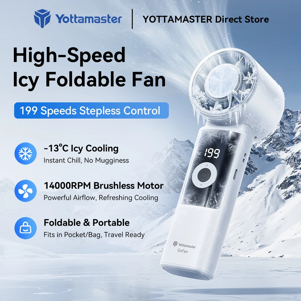 Yottamaster Handheld Fan High Speed Strong Wind Cooling USB Charging 3000mAh Adjustable Foldable Fan Portable For Outdoor Neck