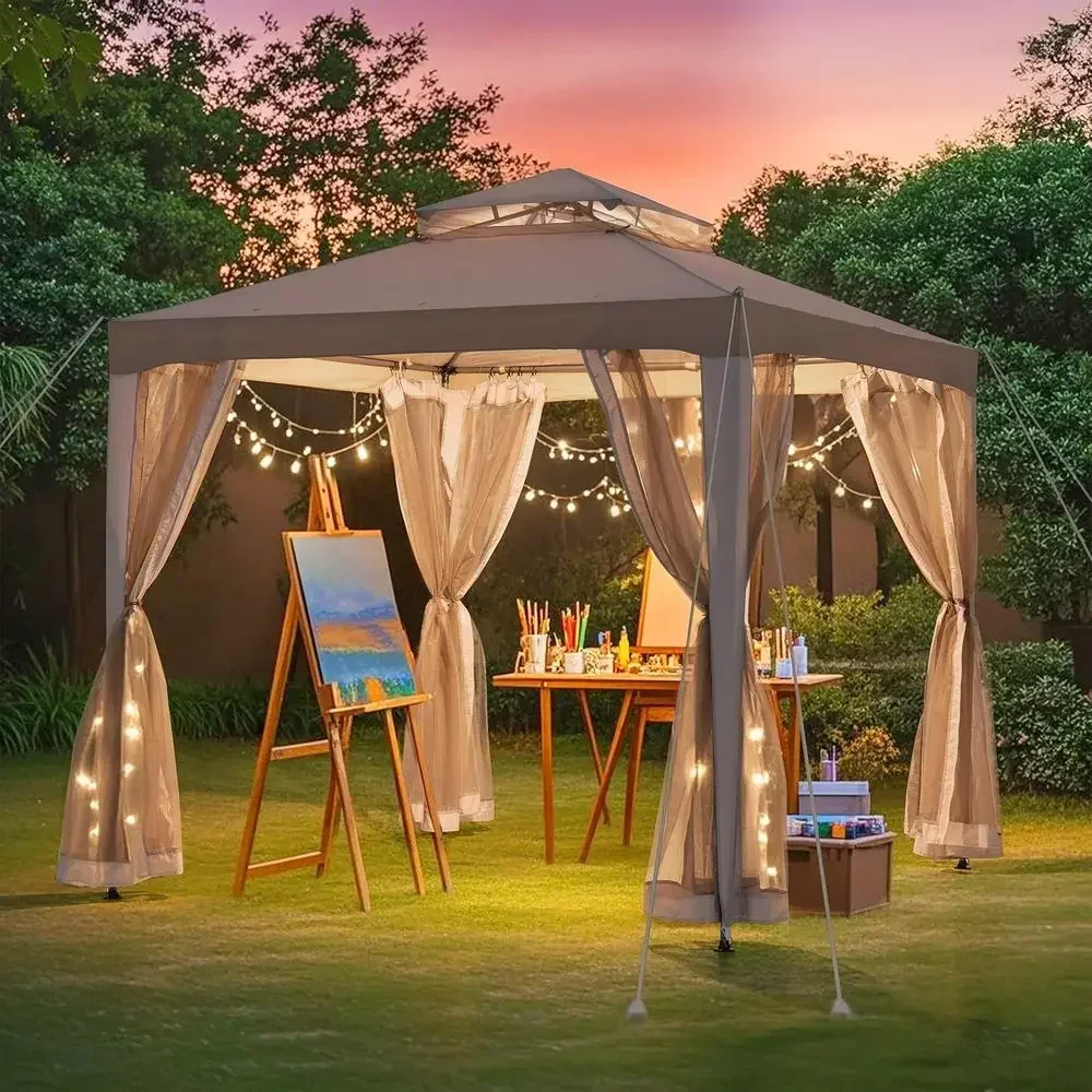 8x8 Outdoor 2-Tier Steel Gazebo with Mesh Netting - Grey & Khaki