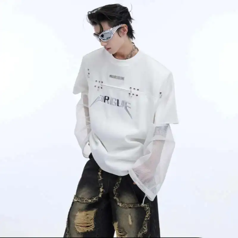 LUZHEN Fashion New Original Gauze Splicing Design Long Sleeve T Shirts Men's 2025 Trendy Niche High Quality Casual Tops LZ3975