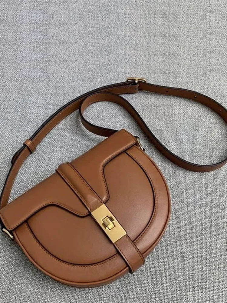 Women Single Shoulder Bags Solid Color Cow Split Leather Vintage Handbag Hasp Saddle Bag Fashion Ladies Sling Crossbody Bags