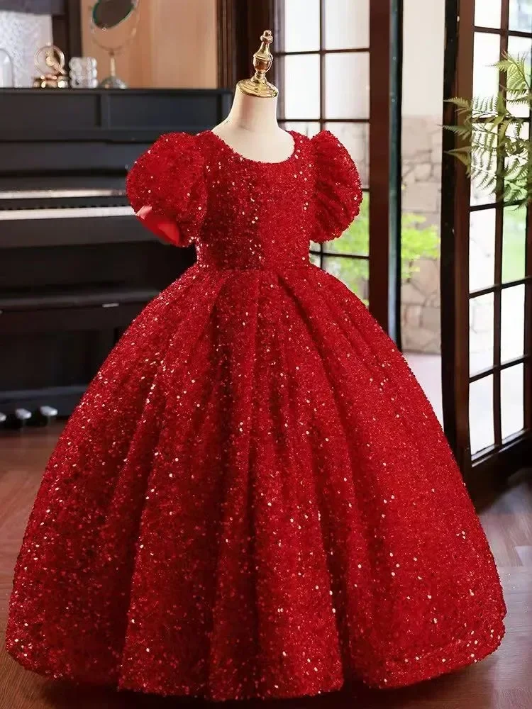 Flower Girl Dresses for Wedding Communion Party Gowns Shining Red Sequins short Sleeve Floor Length Princess Kids Birthday Party
