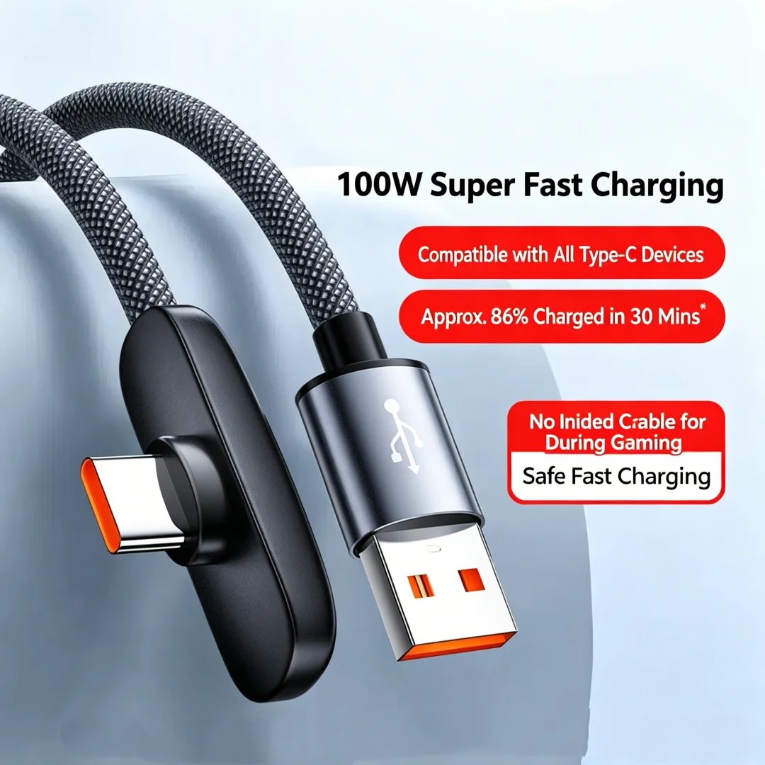 100W Flat L Shape USB A to Type C Gaming Charging Cable Nylon Braided No Block Screen Design Fast Charge Cord 1M 1.5M 2M