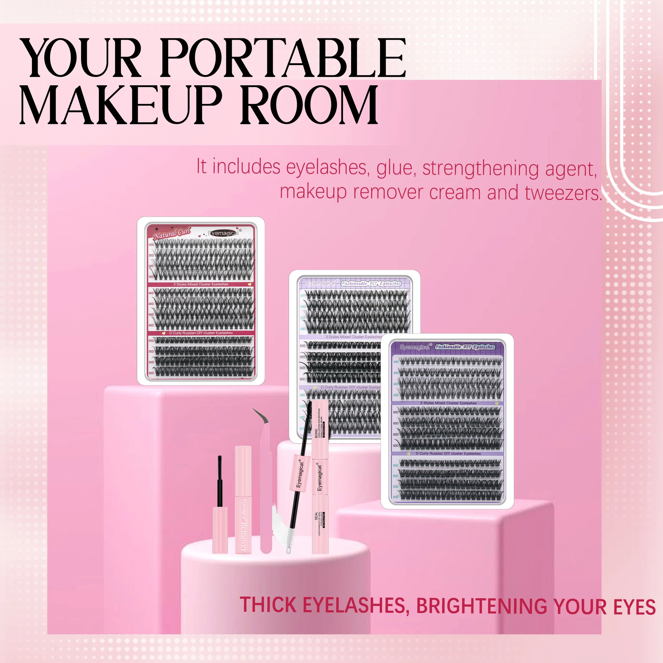 DIY Lash Clusters Set Mixed Tray Lashes Kit Mix Lash Clusters Bond and Seal and Lash Applicator Makeup Tool Lashes Cluster