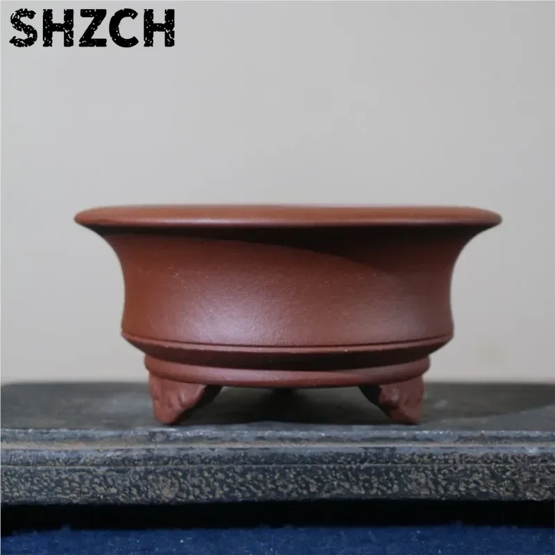 Purple Clay Flower Pot Circular Bonsai Pot Handmade Three Legged Tabletop Potted Plant Yixing Classical Antique Style Flowerpot