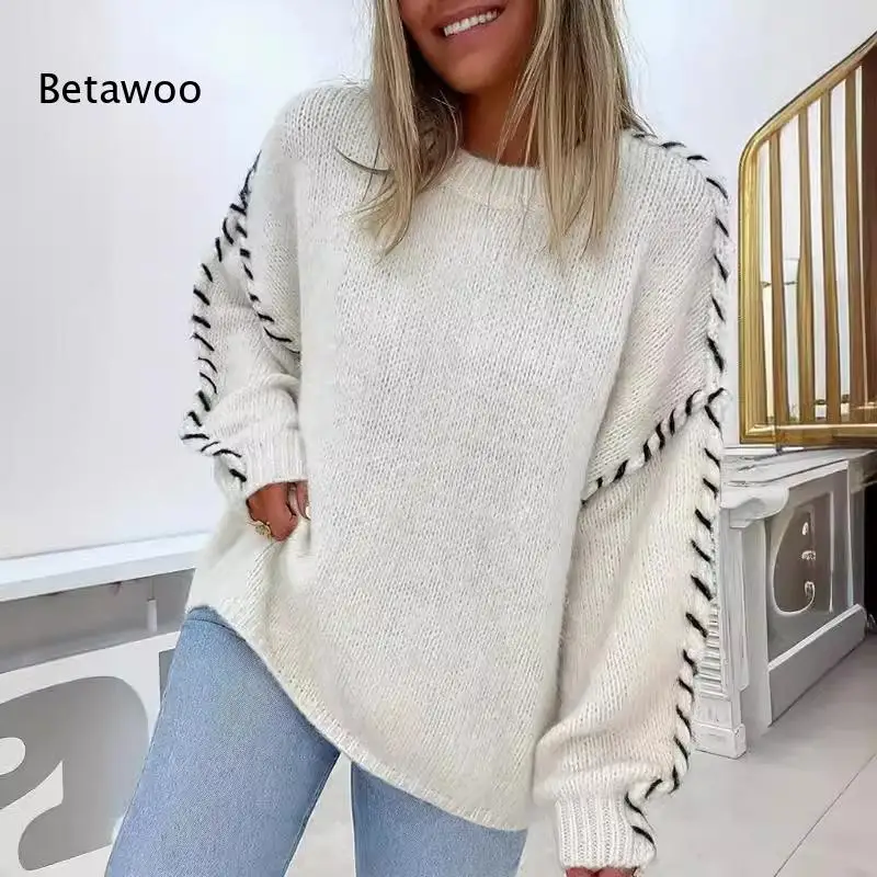 Rundhals-Pullover mit überschnittenen Schultern und Kontrastnähten, lockerer, lässiger Pullover für Damen