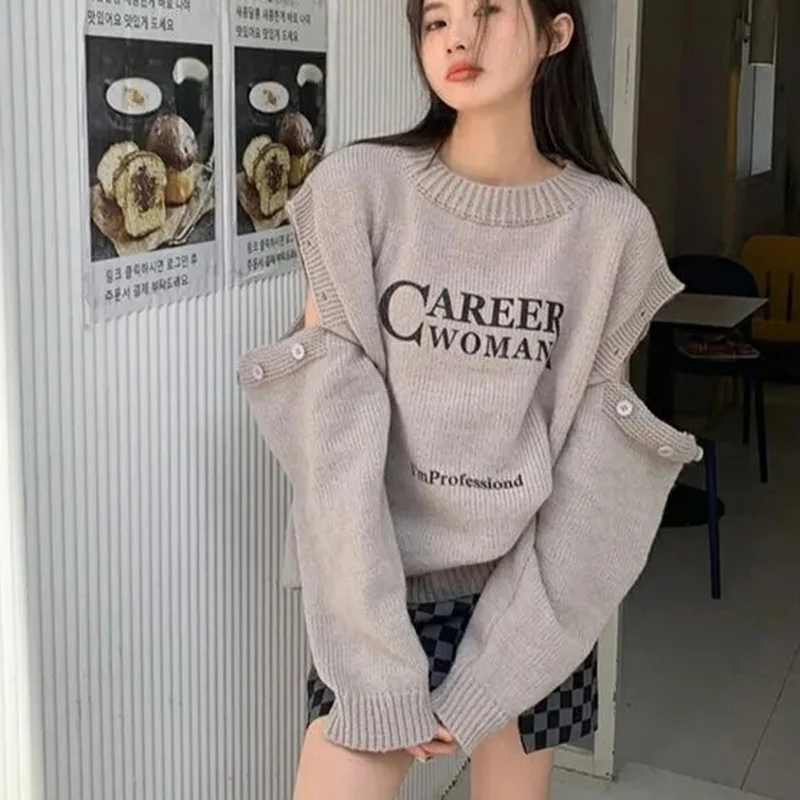 Rimocy Korean Fashion Hollow Out Long Sleeve Women 2024 Letter Printing Y2K Punk Jumper Woman Round Neck Loose Knitted Pullover