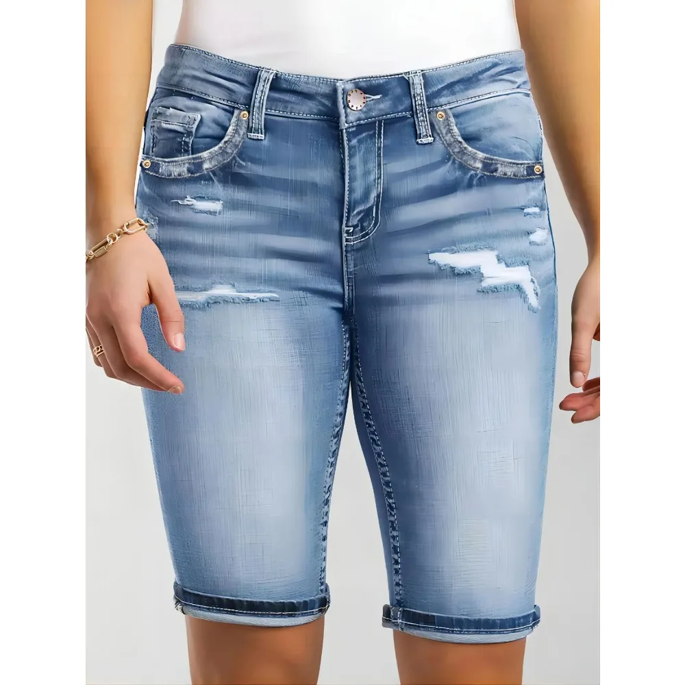 

Hole Denim Shorts Women Casual High Waist Solid Short Pants Basic Slim Fit Jeans Office Lady Button Pocket Skinny Casual Elegant