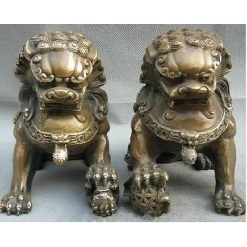 

China Copper Door Fengshui Guardion Fu Foo Dogs Lion Statue Pair