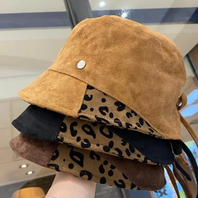 Suede Splicing Drawstring Bucket Hat Womens Retro Niche Leopard Print Basin Hat Autumn Winter Versatile Warm