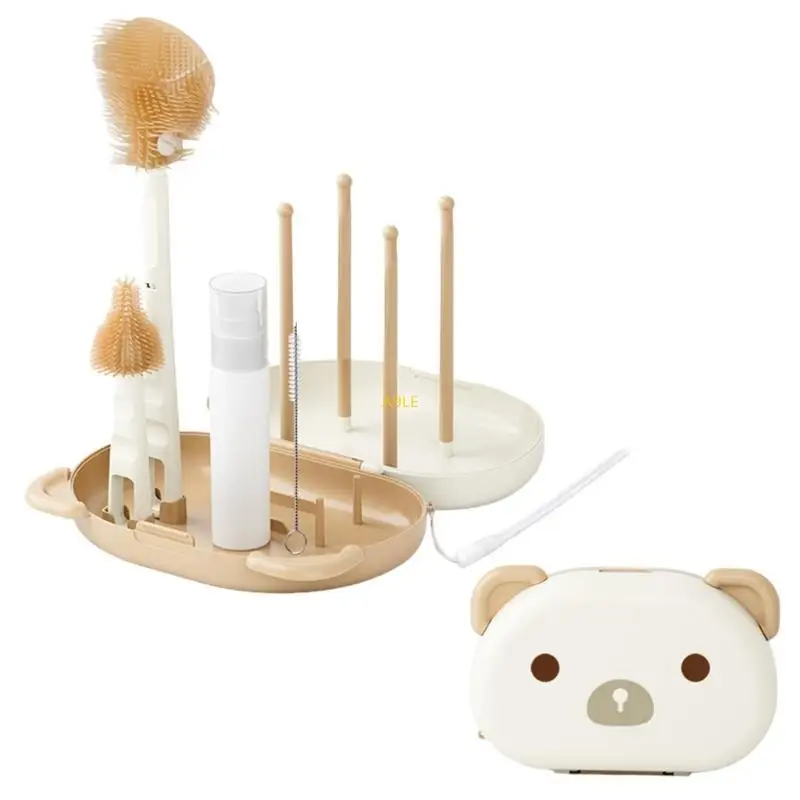 6Pcs Milk Bottle Brush Portable Milk Bottle Cleaning Brush Set Baby Special Feeding Bottle Storage Box with Drying Rack