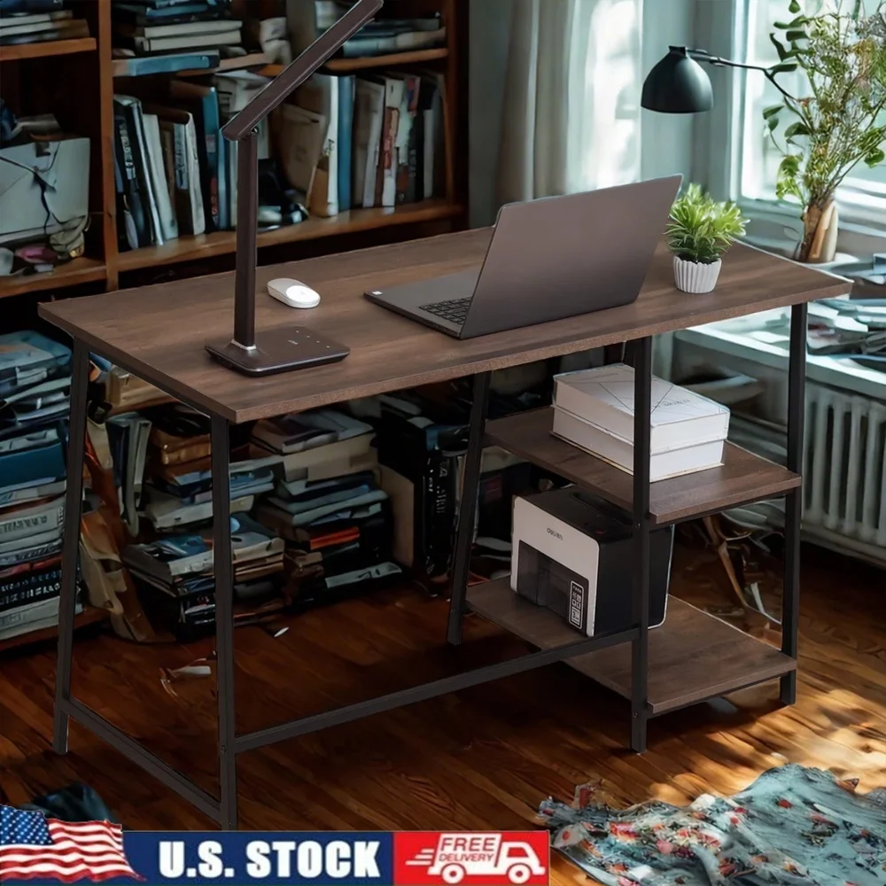 

48 Inch Computer Desk with 2 Tier Storage Shelf Modern Wooden Workstation Easy Assembly Home Office Furniture