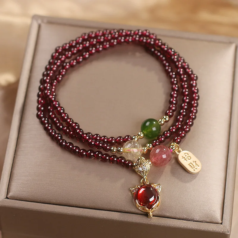 

Women's Natural Garnet Beaded Bracelet Style Multi-Layered Handmade Creation with a Stylish Fox Pendant, Celebrating Friendship