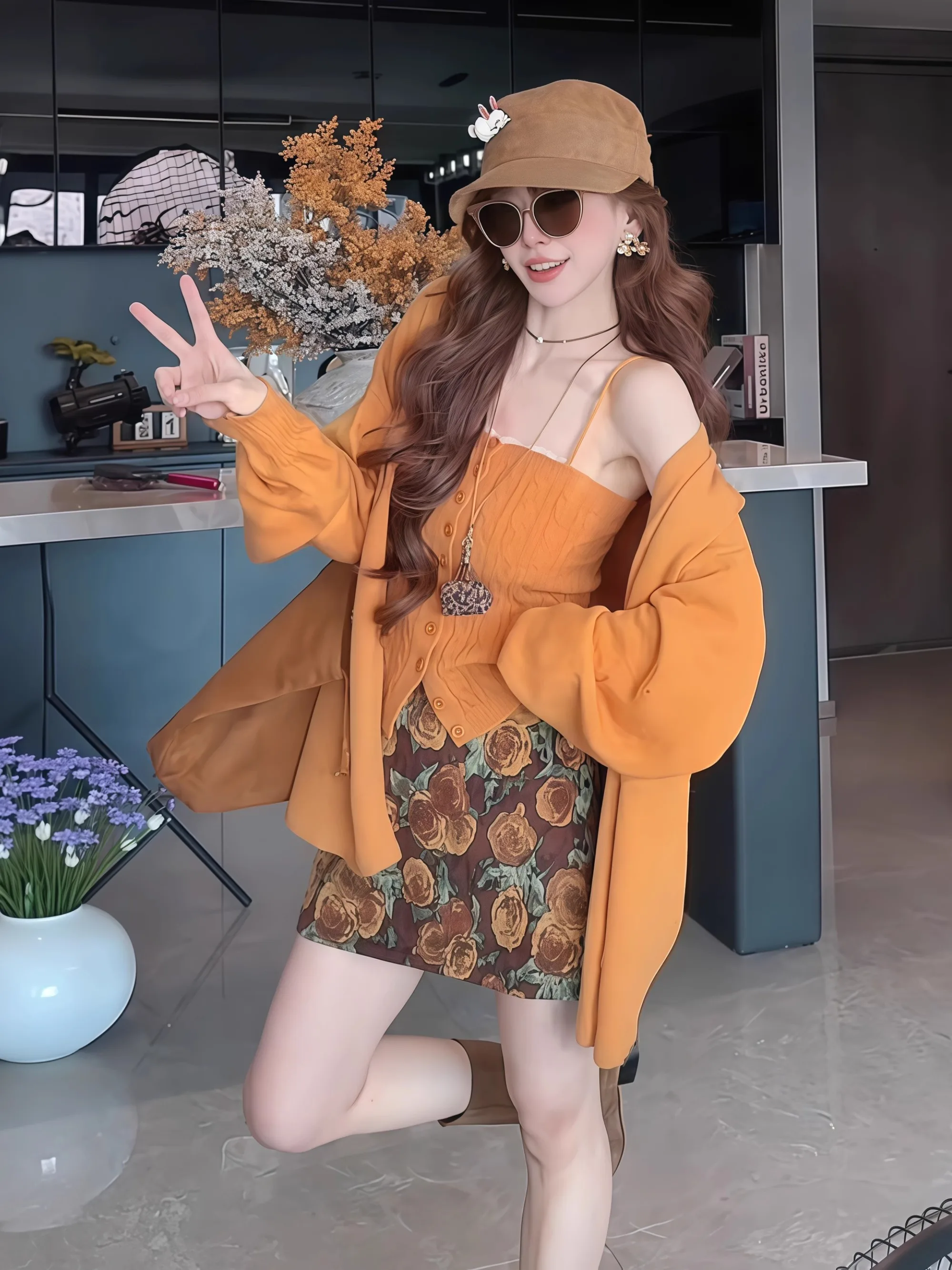 

Soft Orange Long Sve Knitted Open Cardigan Two Piece Set Women's Autumn Faion Sweater Jaet High End Feeling Top Women