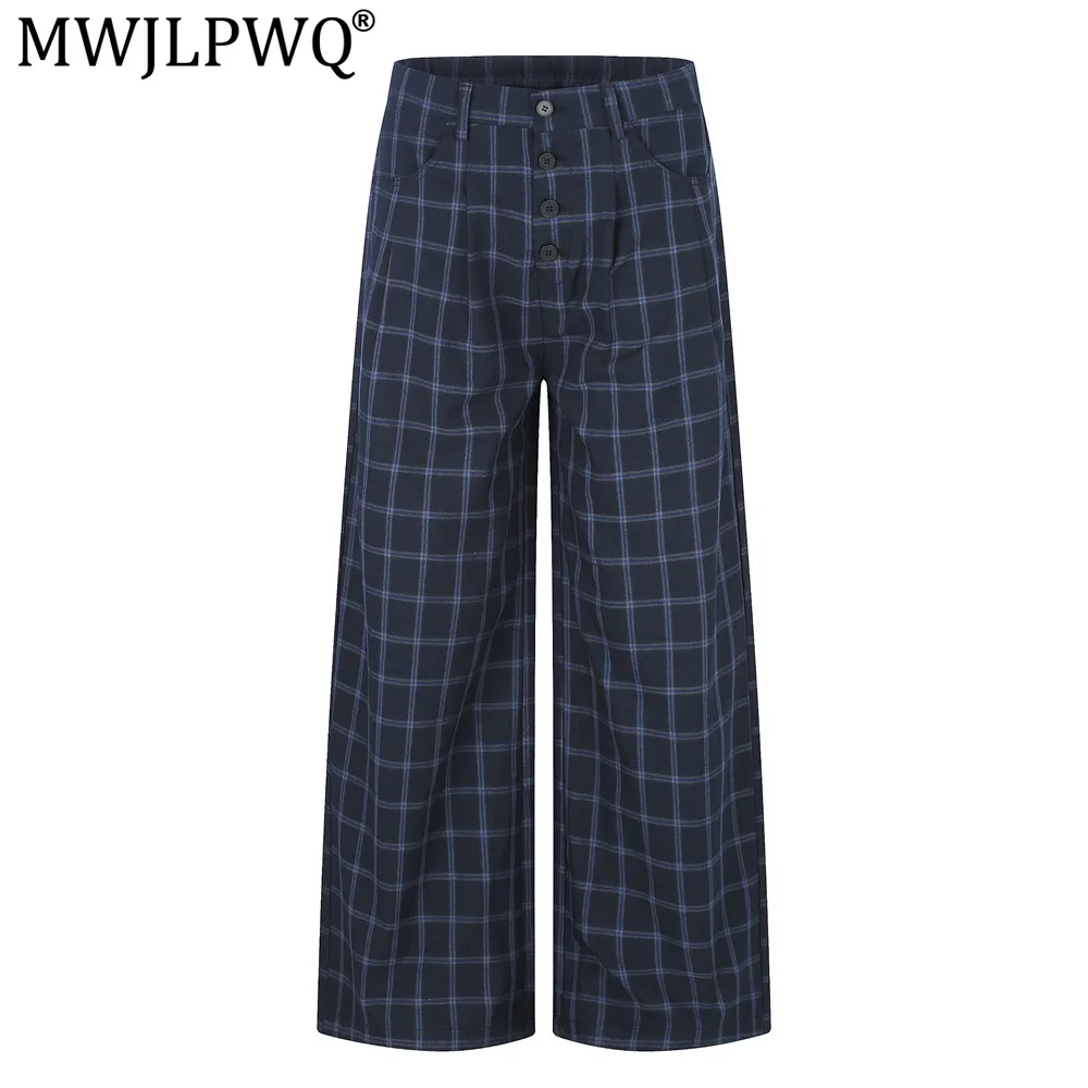 MWJLPWQ American-Style Trendy Plaid Trousers Men Loose Wide-Leg Vibe Street Design Button Placket Straight Casual Pants 17514