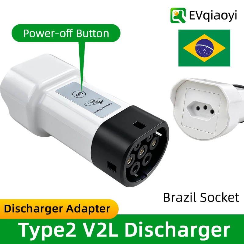 EVqiaoyi Type2 V2L Discharger with Power-Off Button 16A MG BYD Vehicle-to-Load Plug for Brazilian New Energy Vehicles