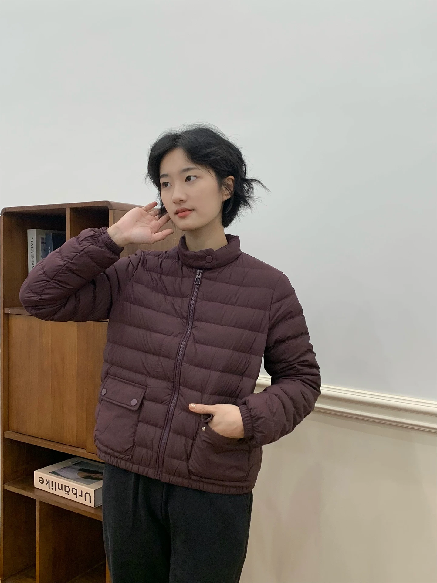 

Warm ort Puffer Jaet Women's Sli Slim Fit Goose down Coat Red Wine Color Stand Collar Zipper Closure Color