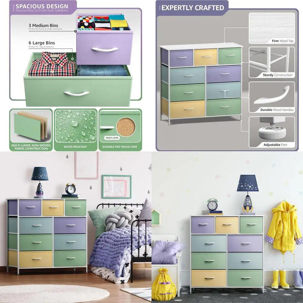

9-Drawer Storage Chest with Fabric Bins for Kids' Room, Hallway, Closet, or Office - Metal Frame, Wooden Top, Pastel Colors